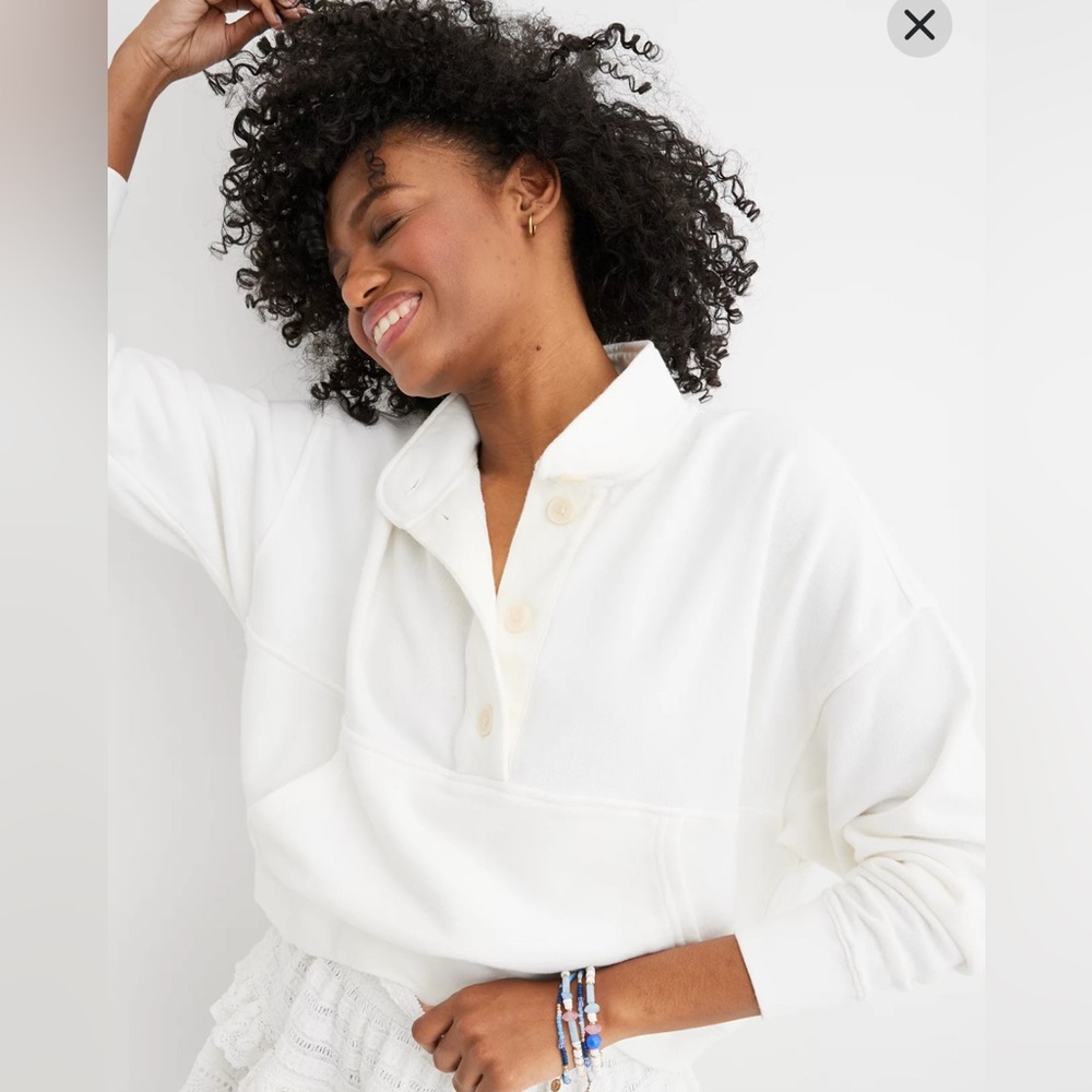 Aerie Mock Neck Cropped White half button Women's Sweater
